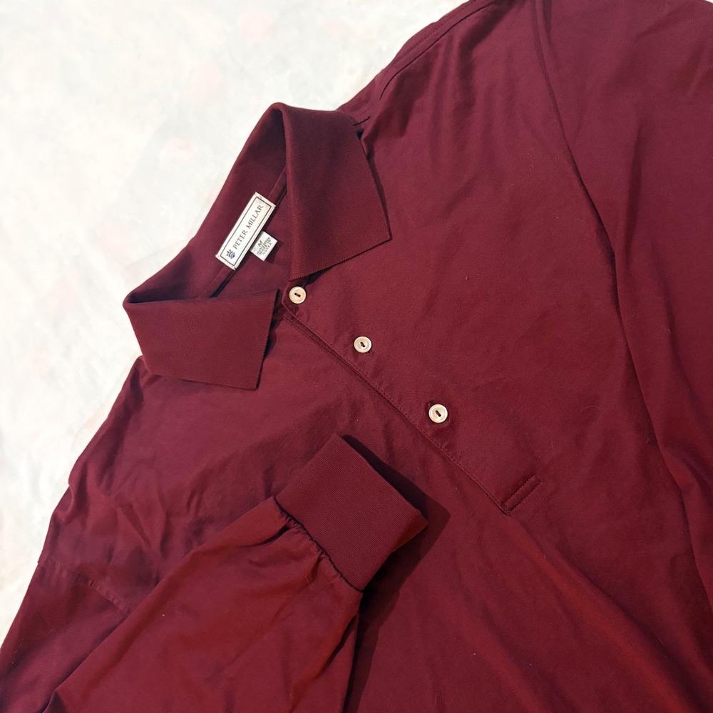 Peter Millar Mens Long Sleeve Polo Shirt Burgundy 100% Cotton Size M Collared